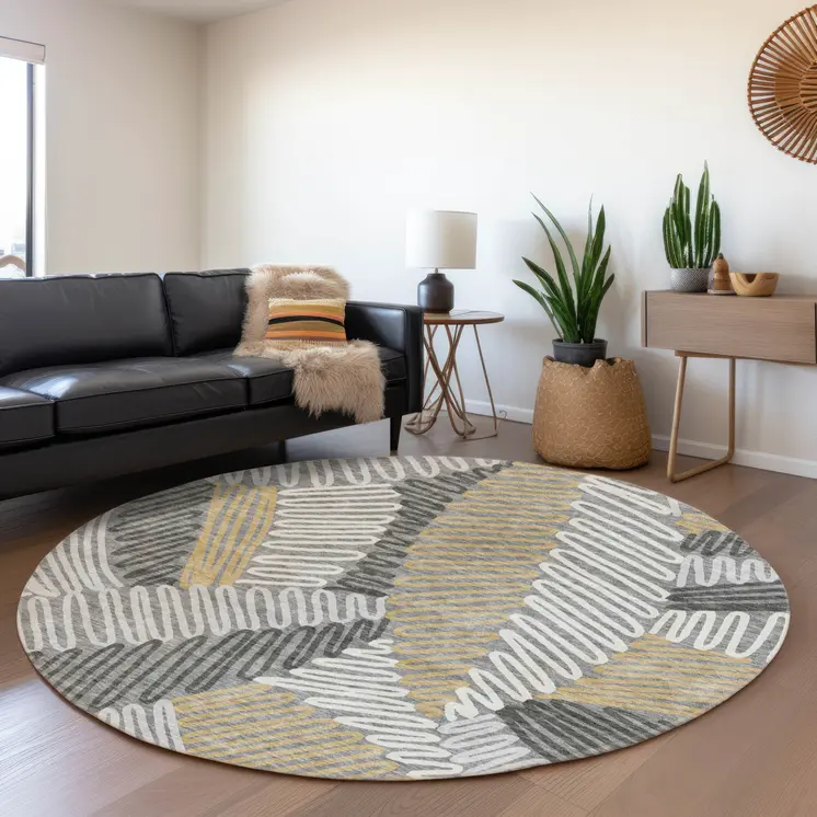 8' Gray Beige And Ivory Round Floral Washable Indoor Outdoor Area Rug