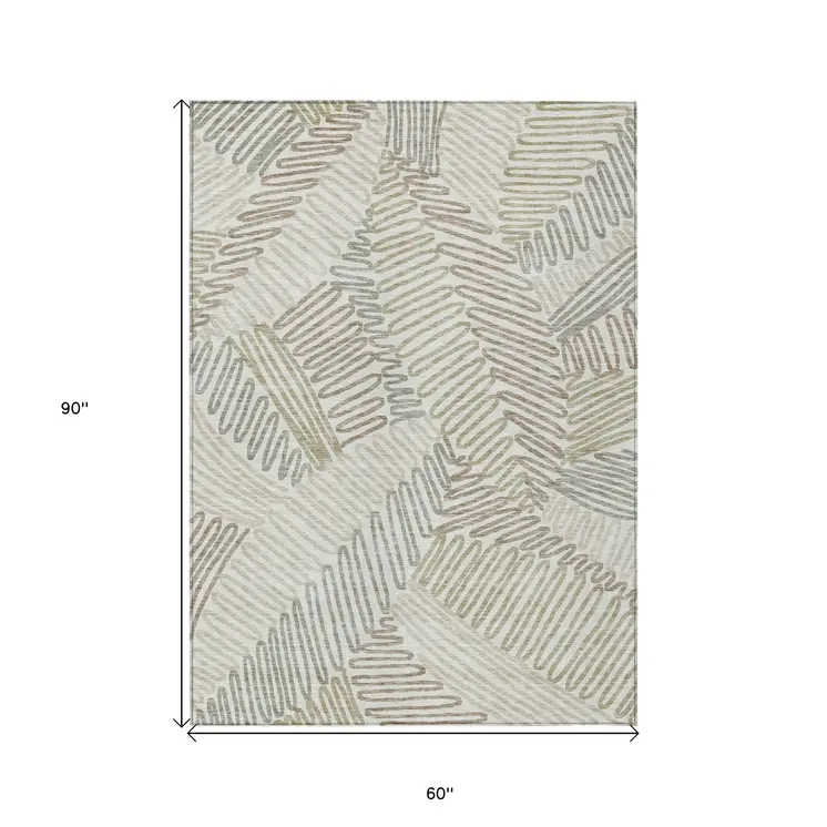 5' X 8' Ivory Gray And Brown Floral Washable Indoor Outdoor Area Rug