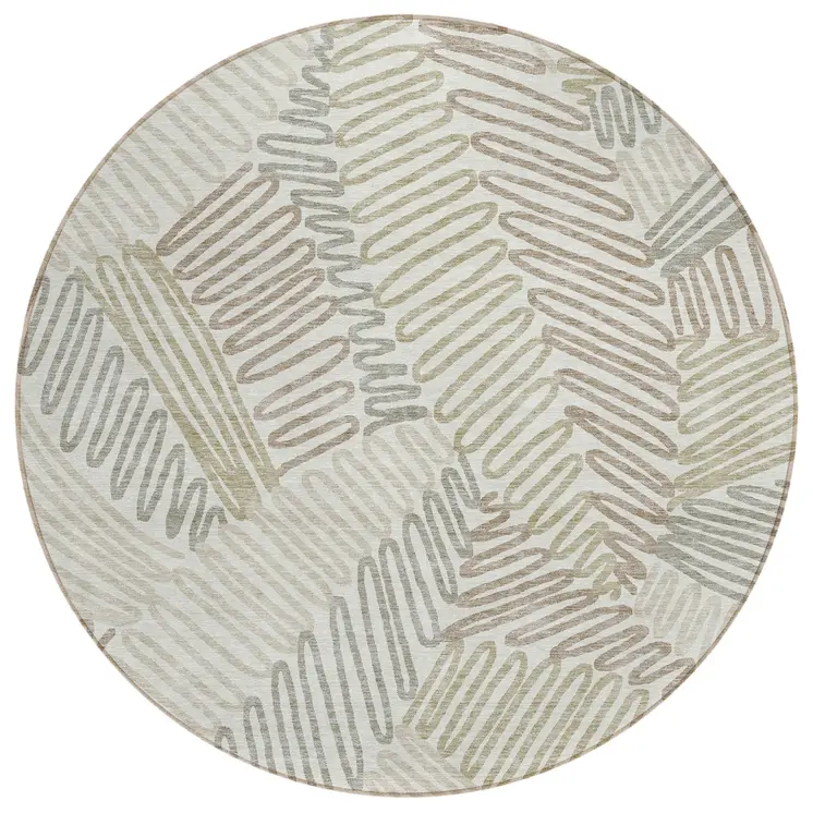 8' Ivory Gray And Brown Round Floral Washable Indoor Outdoor Area Rug