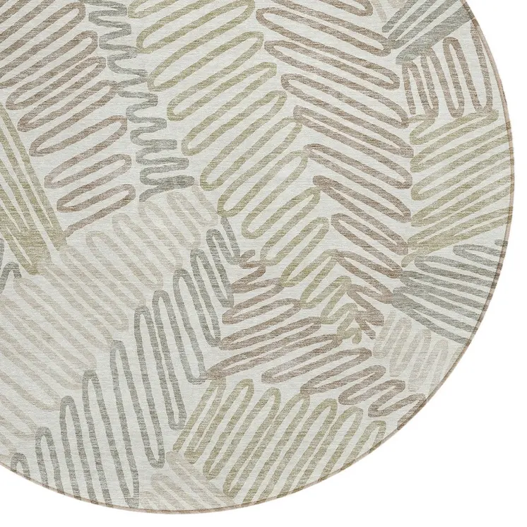 8' Ivory Gray And Brown Round Floral Washable Indoor Outdoor Area Rug
