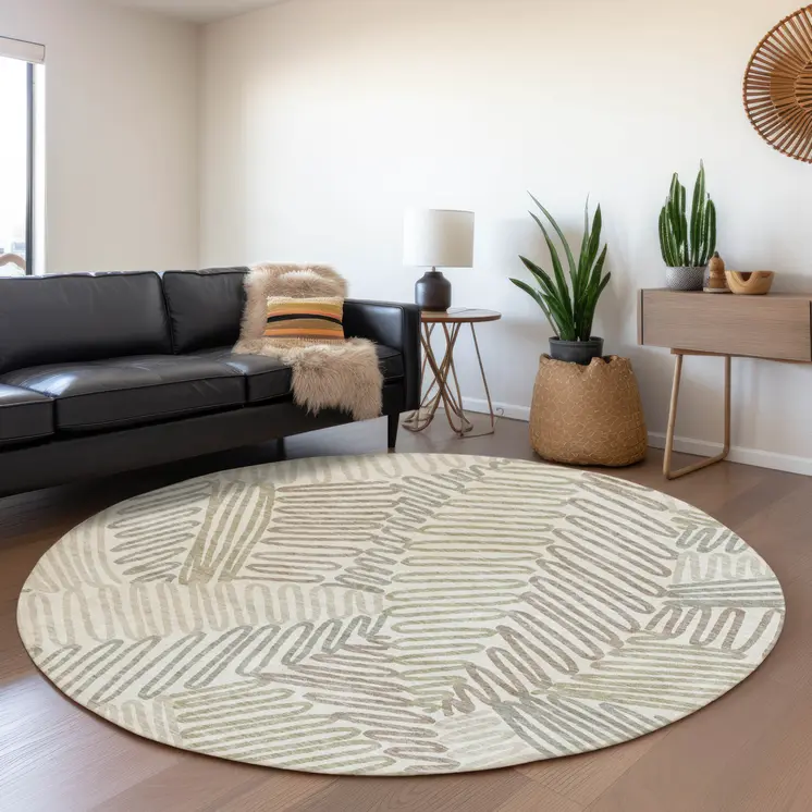 8' Ivory Gray And Brown Round Floral Washable Indoor Outdoor Area Rug