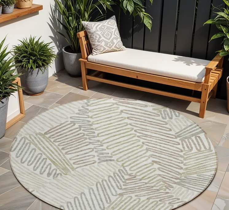 8' Ivory Gray And Brown Round Floral Washable Indoor Outdoor Area Rug