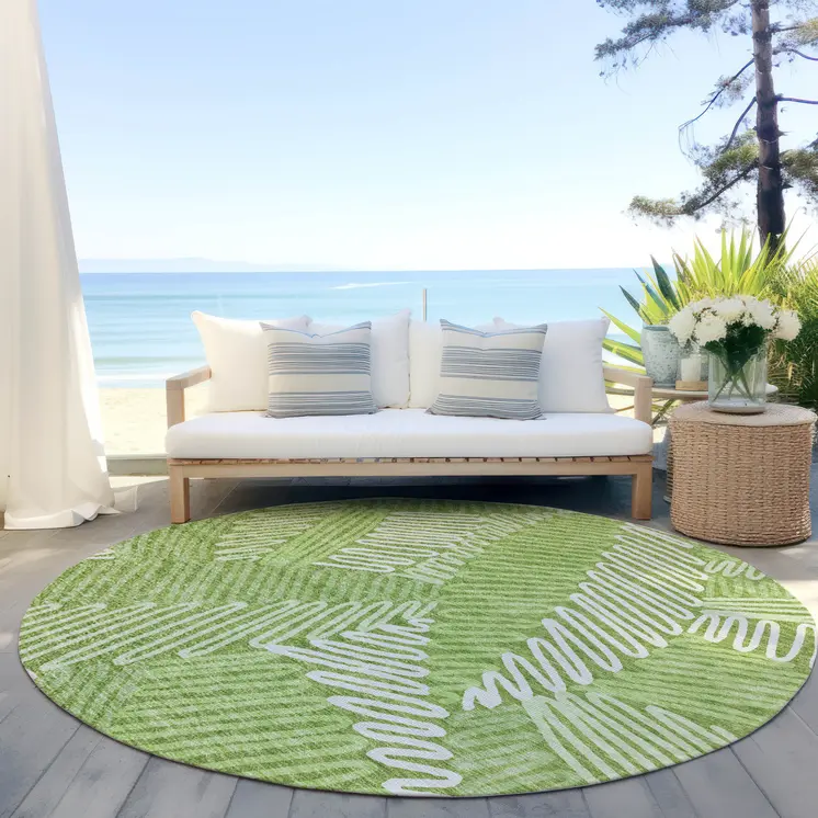 8' Lime Green And Ivory Round Floral Washable Indoor Outdoor Area Rug