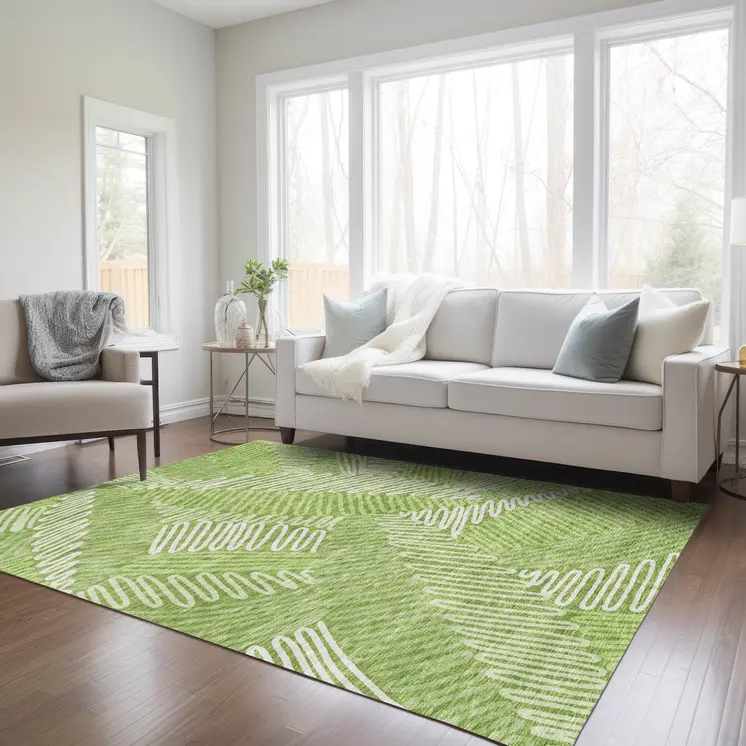 8' X 10' Lime Green And Ivory Floral Washable Indoor Outdoor Area Rug