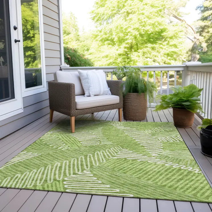 9' X 12' Lime Green And Ivory Floral Washable Indoor Outdoor Area Rug