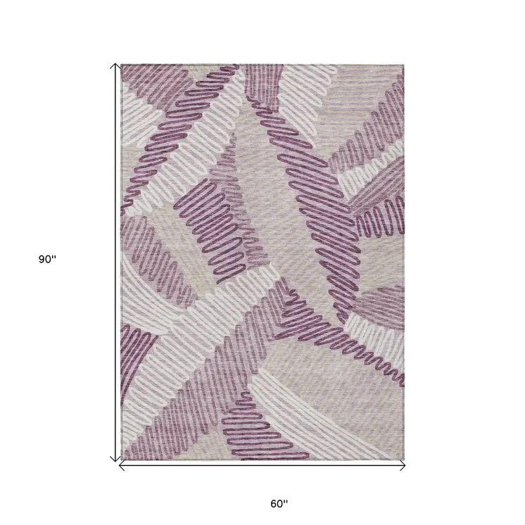 5' X 8' Lavender Purple And Ivory Floral Washable Indoor Outdoor Area Rug