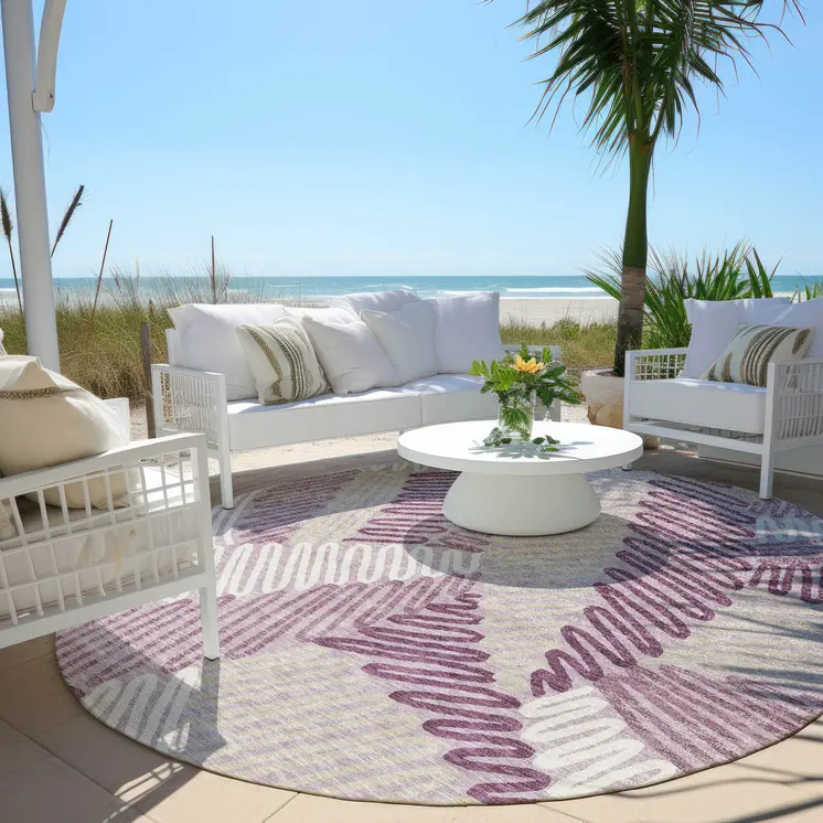 8' Lavender Purple And Ivory Round Floral Washable Indoor Outdoor Area Rug