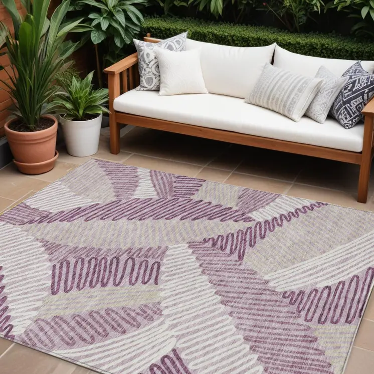 10' X 14' Lavender Purple And Ivory Floral Washable Indoor Outdoor Area Rug