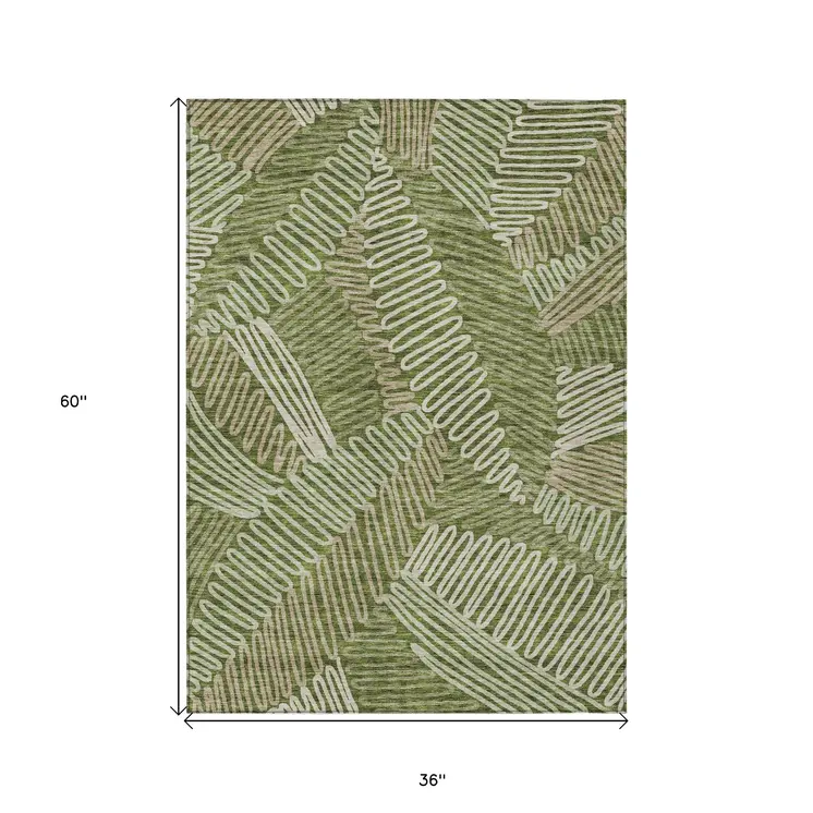 3' X 5' Olive Green Brown And Ivory Floral Washable Indoor Outdoor Area Rug