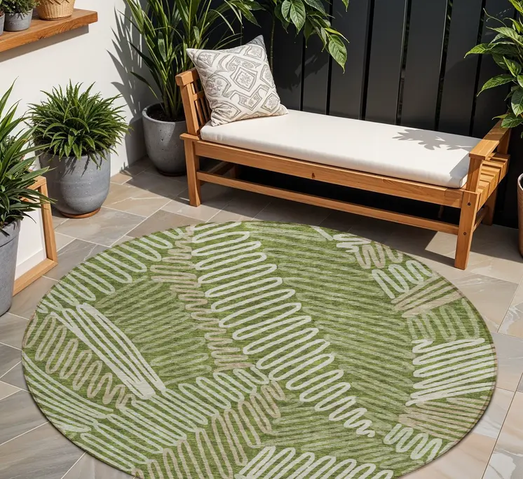 8' Olive Green Brown And Ivory Round Floral Washable Indoor Outdoor Area Rug