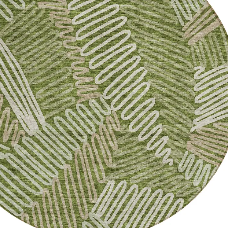 8' Olive Green Brown And Ivory Round Floral Washable Indoor Outdoor Area Rug