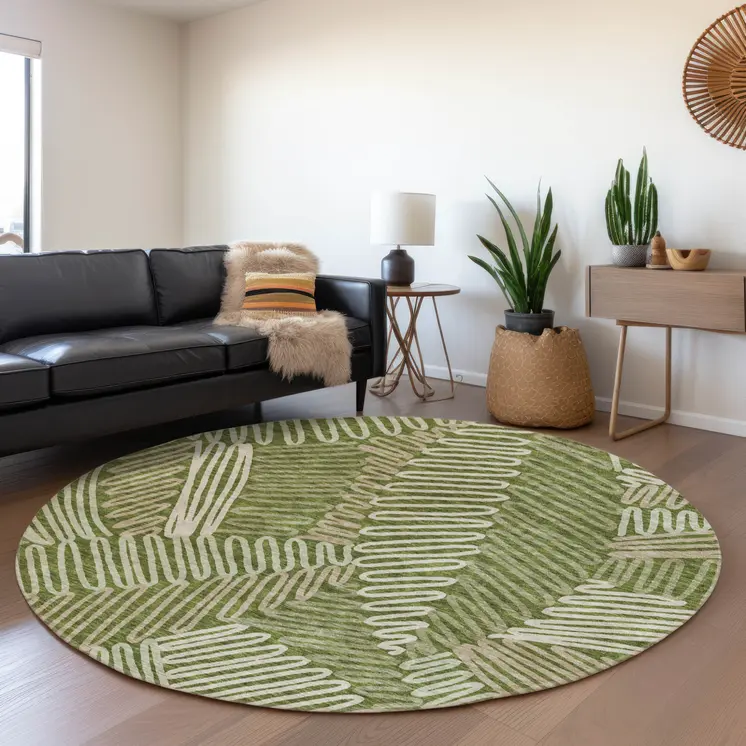 8' Olive Green Brown And Ivory Round Floral Washable Indoor Outdoor Area Rug