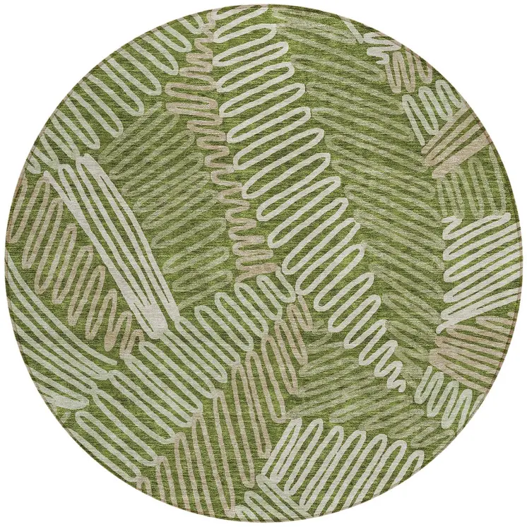 8' Olive Green Brown And Ivory Round Floral Washable Indoor Outdoor Area Rug