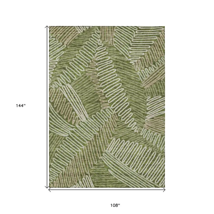 9' X 12' Olive Green Brown And Ivory Floral Washable Indoor Outdoor Area Rug