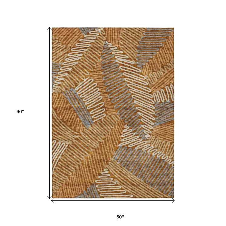 5' X 8' Orange Beige And Gray Floral Washable Indoor Outdoor Area Rug