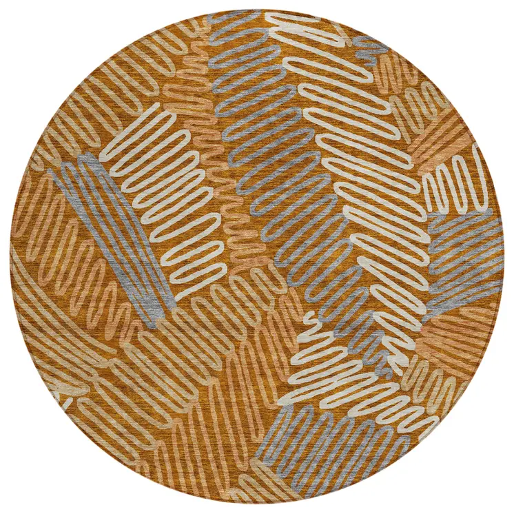 8' Orange Beige And Gray Round Floral Washable Indoor Outdoor Area Rug