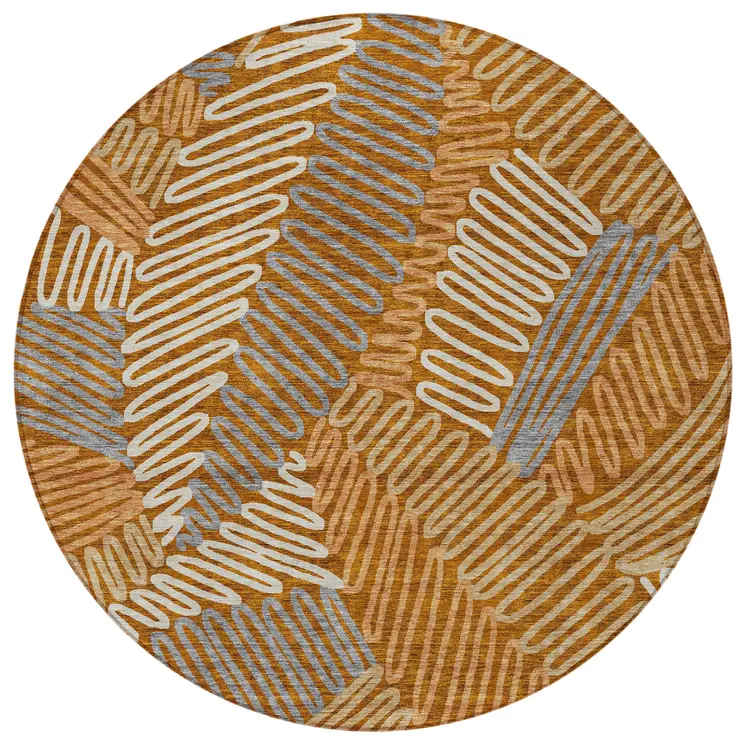 8' Orange Beige And Gray Round Floral Washable Indoor Outdoor Area Rug