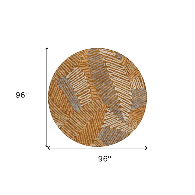 8' Orange Beige And Gray Round Floral Washable Indoor Outdoor Area Rug