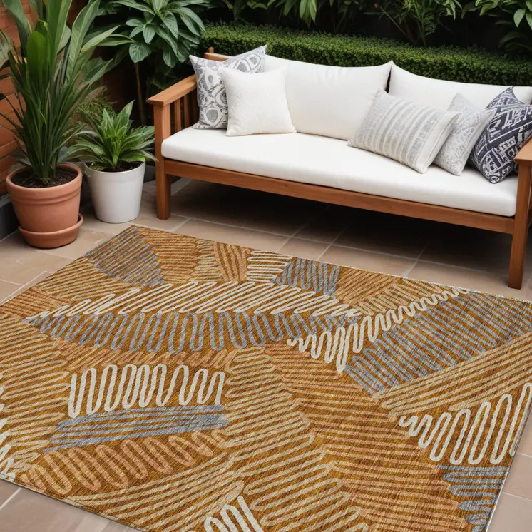 8' X 10' Orange Beige And Gray Floral Washable Indoor Outdoor Area Rug
