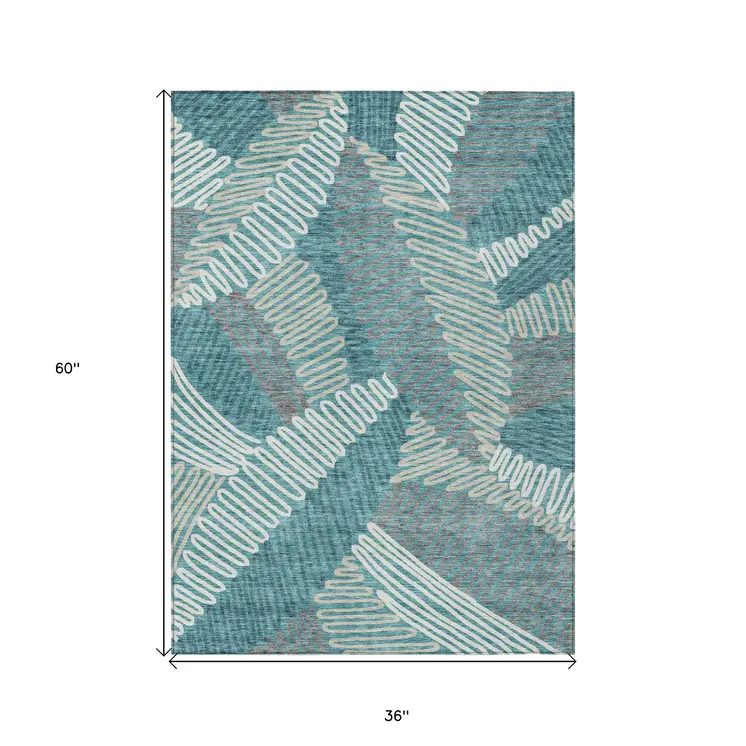 3' X 5' Teal Blue Gray And Ivory Floral Washable Indoor Outdoor Area Rug