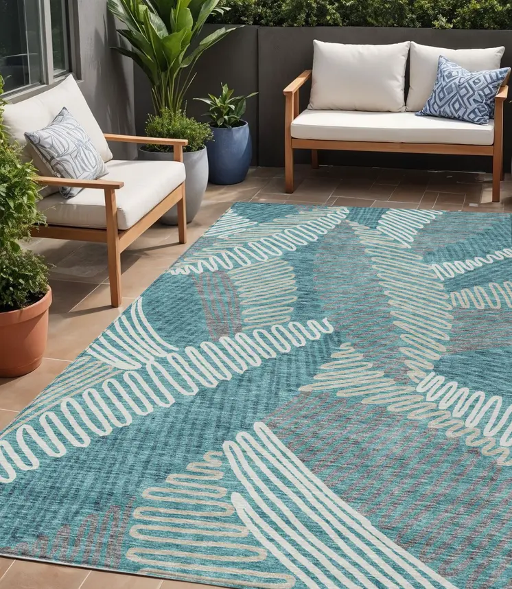 5' X 8' Teal Blue Gray And Ivory Floral Washable Indoor Outdoor Area Rug