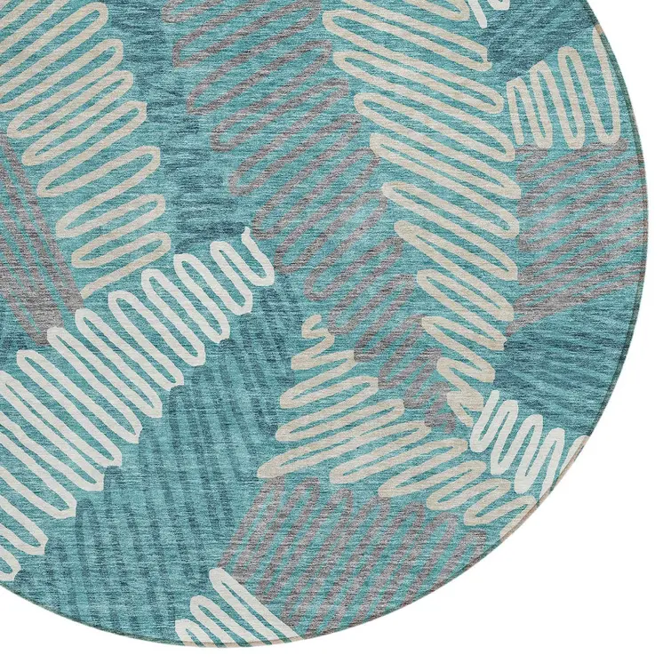 8' Teal Blue Gray And Ivory Round Floral Washable Indoor Outdoor Area Rug