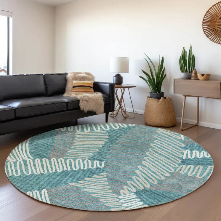 8' Teal Blue Gray And Ivory Round Floral Washable Indoor Outdoor Area Rug