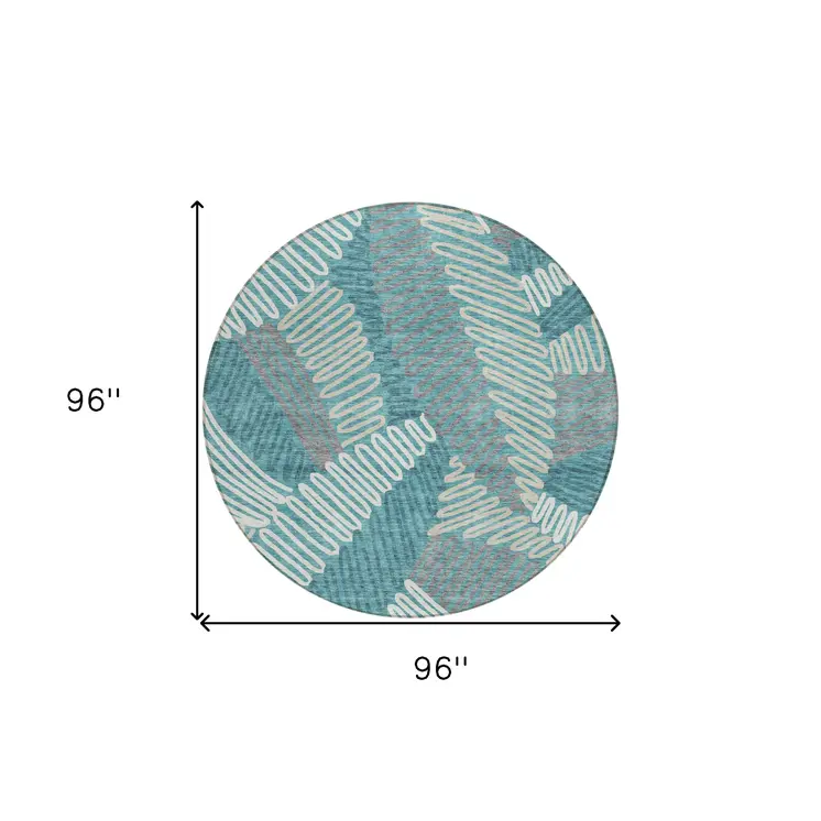 8' Teal Blue Gray And Ivory Round Floral Washable Indoor Outdoor Area Rug