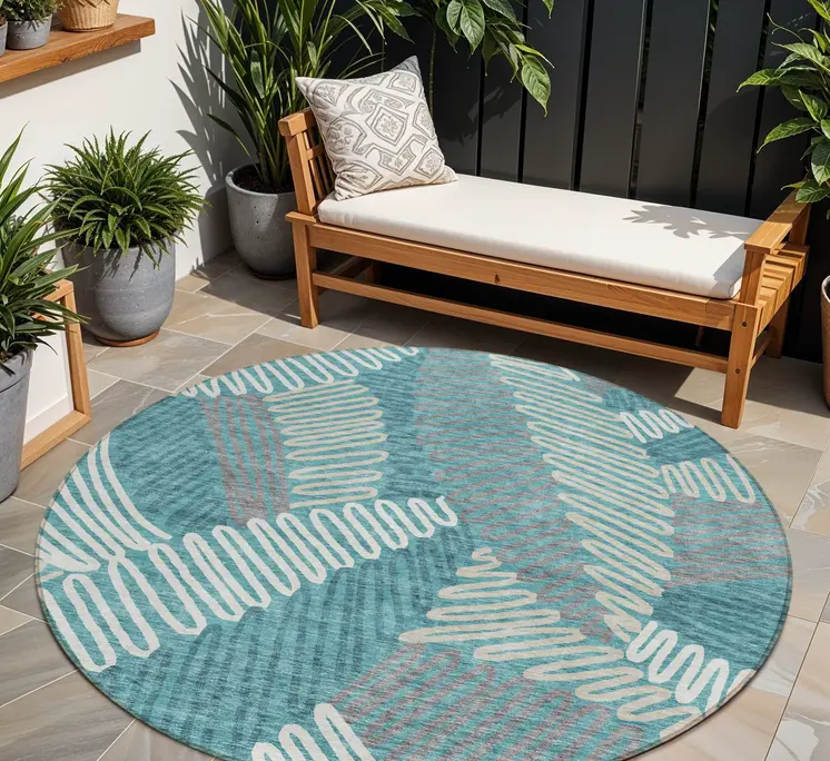 8' Teal Blue Gray And Ivory Round Floral Washable Indoor Outdoor Area Rug