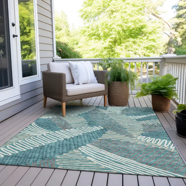9' X 12' Teal Blue Gray And Ivory Floral Washable Indoor Outdoor Area Rug
