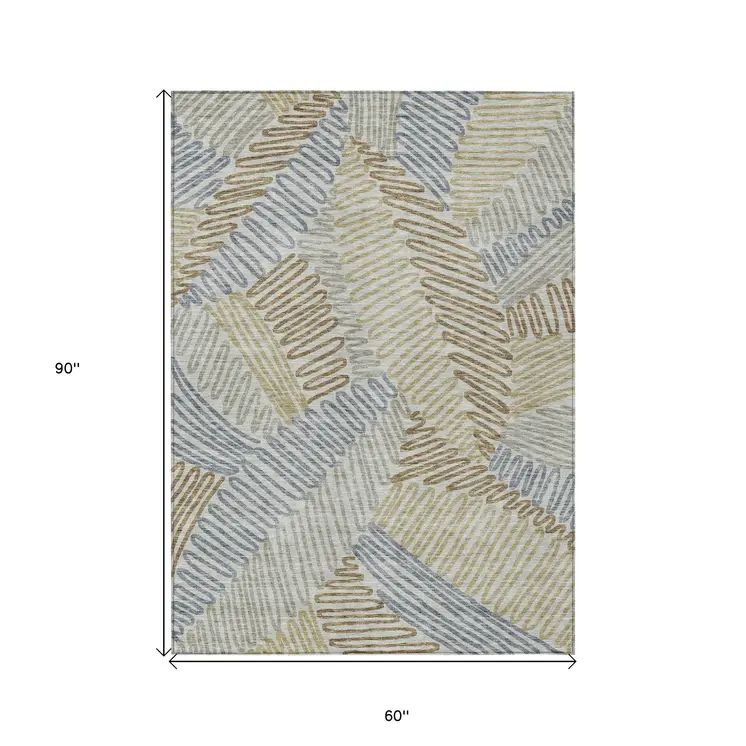 5' X 8' Taupe Gray And Beige Floral Washable Indoor Outdoor Area Rug