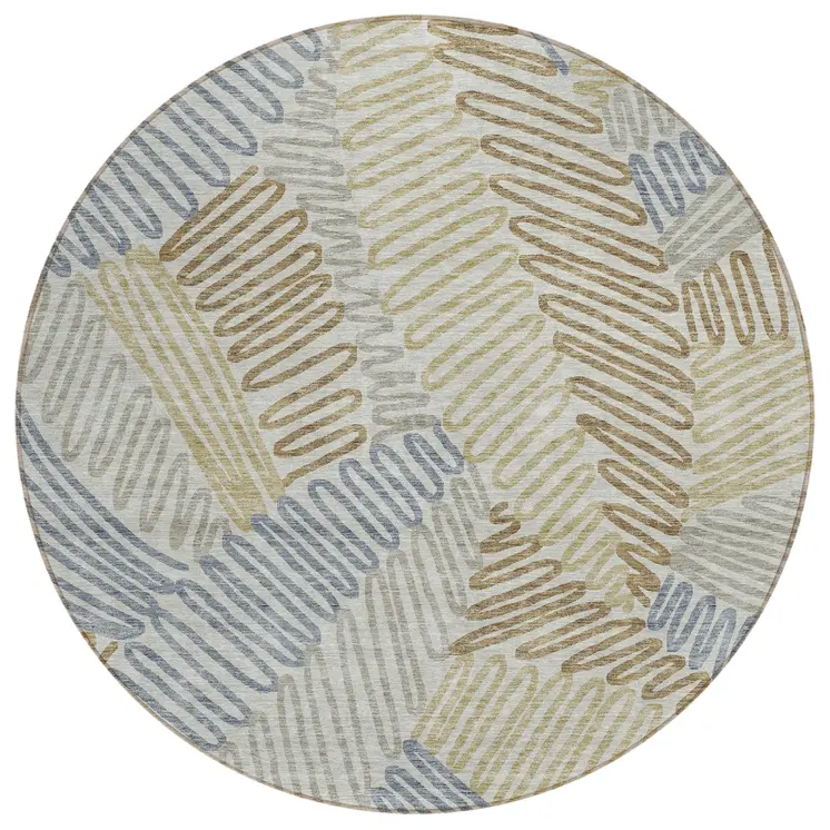 8' Taupe Gray And Beige Round Floral Washable Indoor Outdoor Area Rug