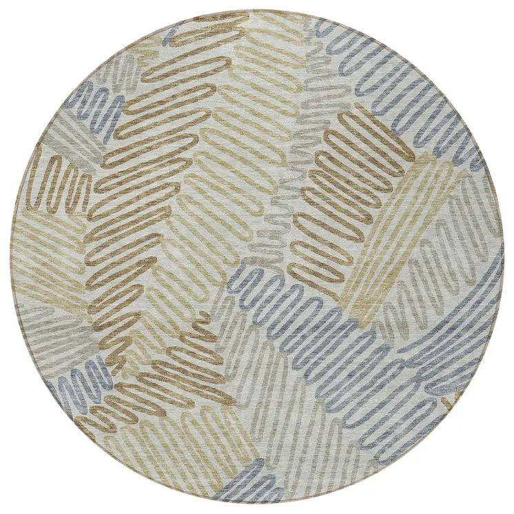 8' Taupe Gray And Beige Round Floral Washable Indoor Outdoor Area Rug
