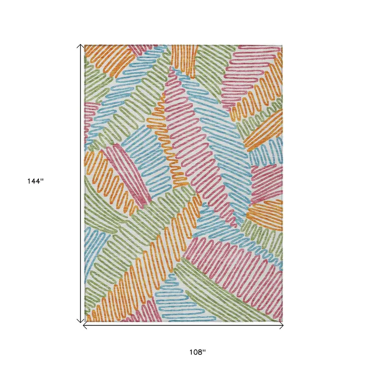 9' X 12' Blue Green And Pink Floral Washable Indoor Outdoor Area Rug