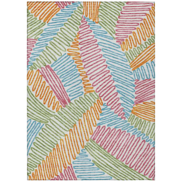9' X 12' Blue Green And Pink Floral Washable Indoor Outdoor Area Rug