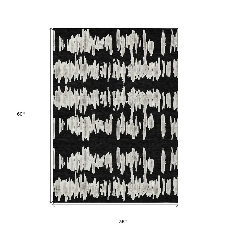 3' X 5' Black Ivory And Gray Striped Washable Indoor Outdoor Area Rug