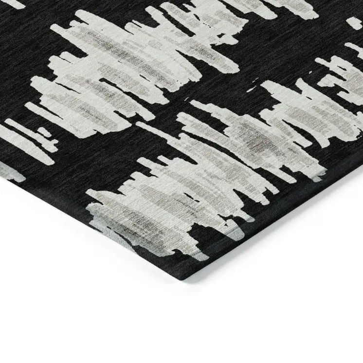 3' X 5' Black Ivory And Gray Striped Washable Indoor Outdoor Area Rug