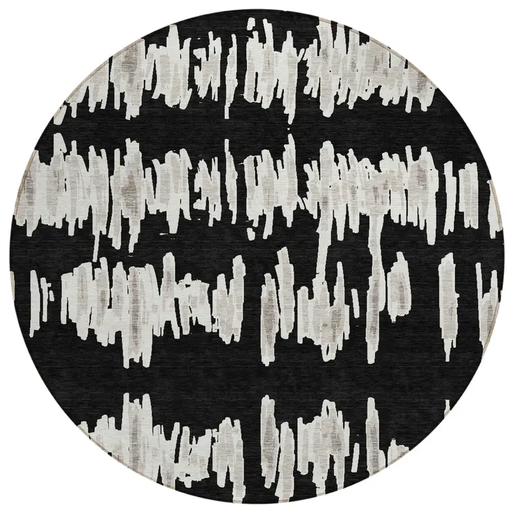 8' Black Ivory And Gray Round Striped Washable Indoor Outdoor Area Rug