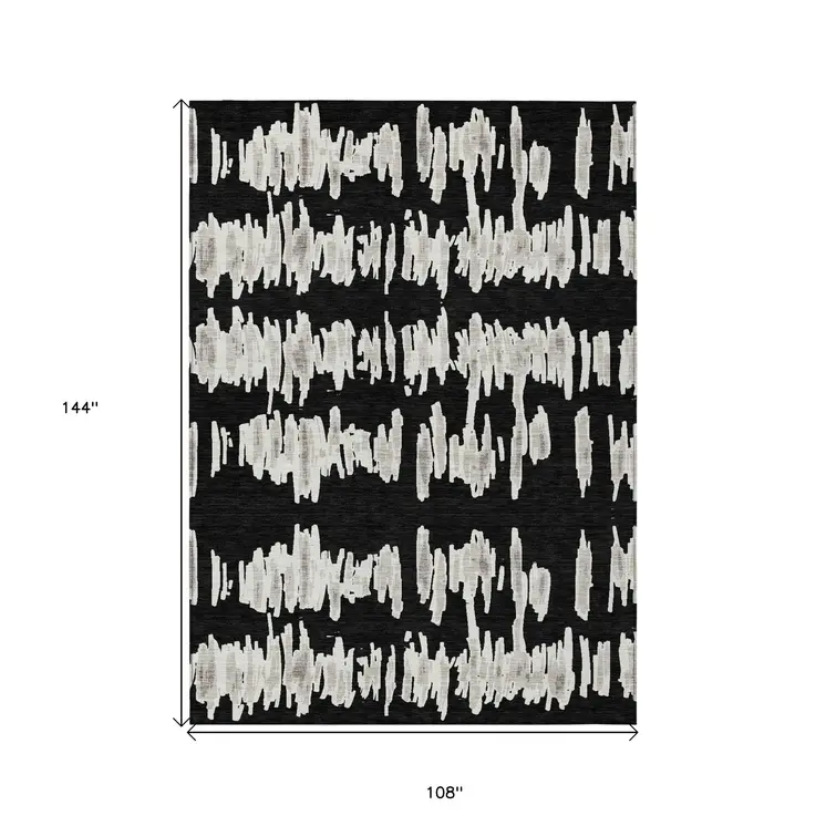 9' X 12' Black Ivory And Gray Striped Washable Indoor Outdoor Area Rug