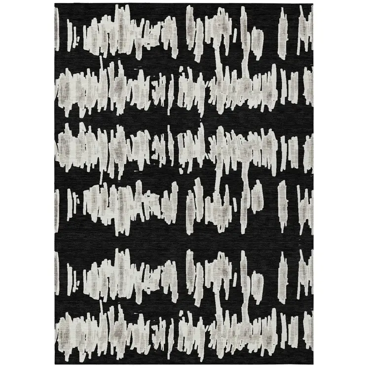 9' X 12' Black Ivory And Gray Striped Washable Indoor Outdoor Area Rug