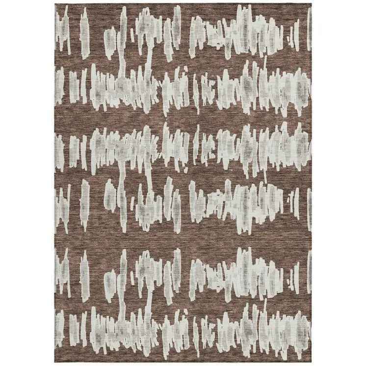 3' X 5' Brown Ivory And Gray Striped Washable Indoor Outdoor Area Rug
