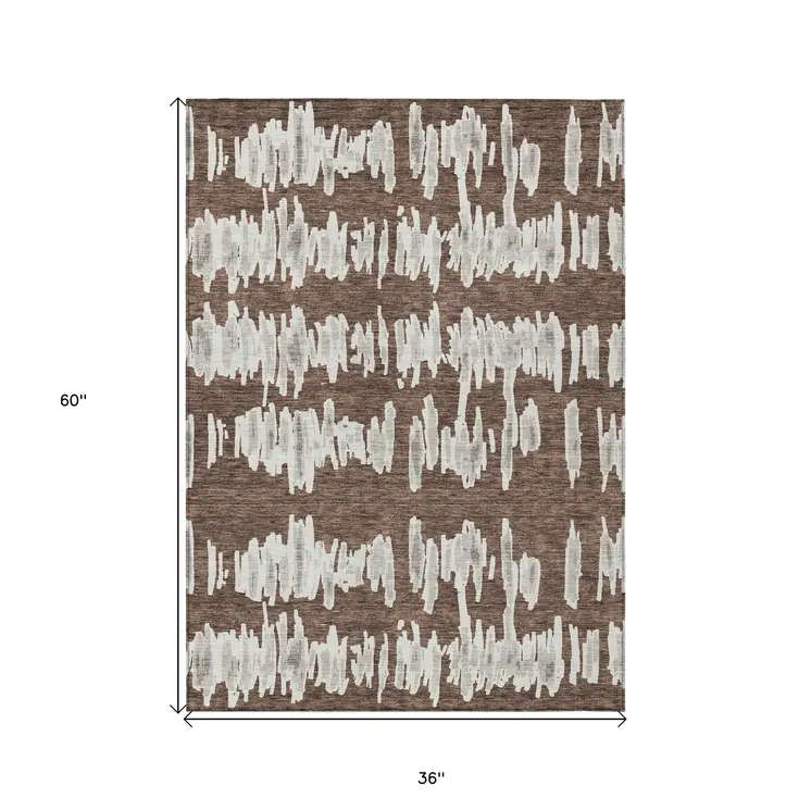 3' X 5' Brown Ivory And Gray Striped Washable Indoor Outdoor Area Rug