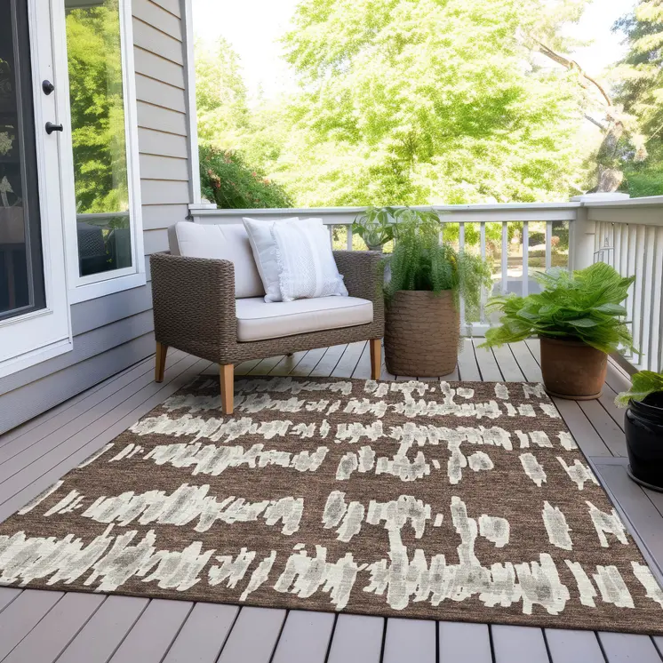 3' X 5' Brown Ivory And Gray Striped Washable Indoor Outdoor Area Rug