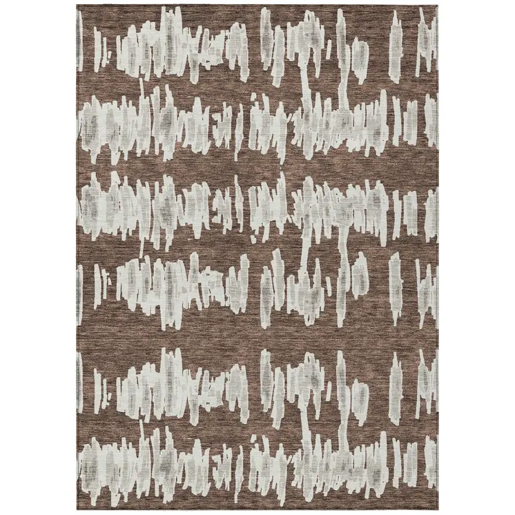 3' X 5' Brown Ivory And Gray Striped Washable Indoor Outdoor Area Rug