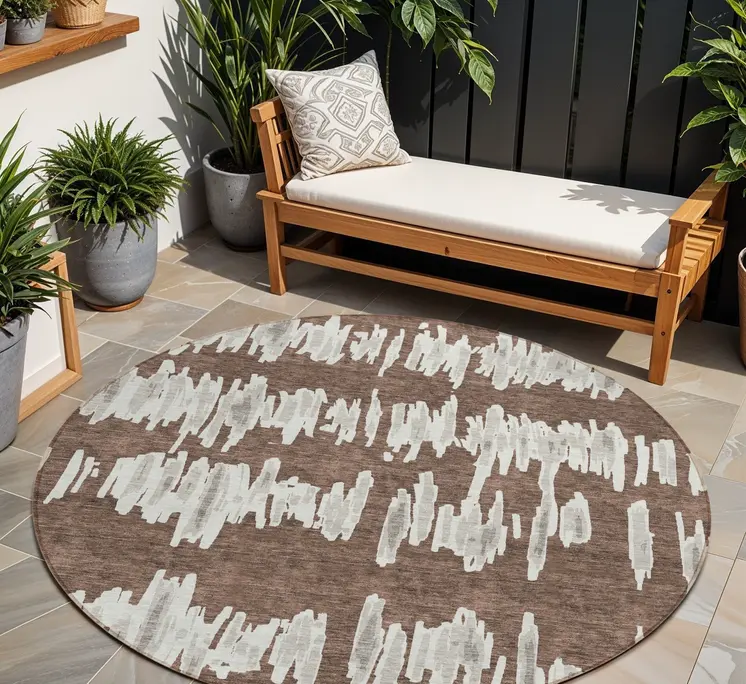 8' Brown Ivory And Gray Round Striped Washable Indoor Outdoor Area Rug