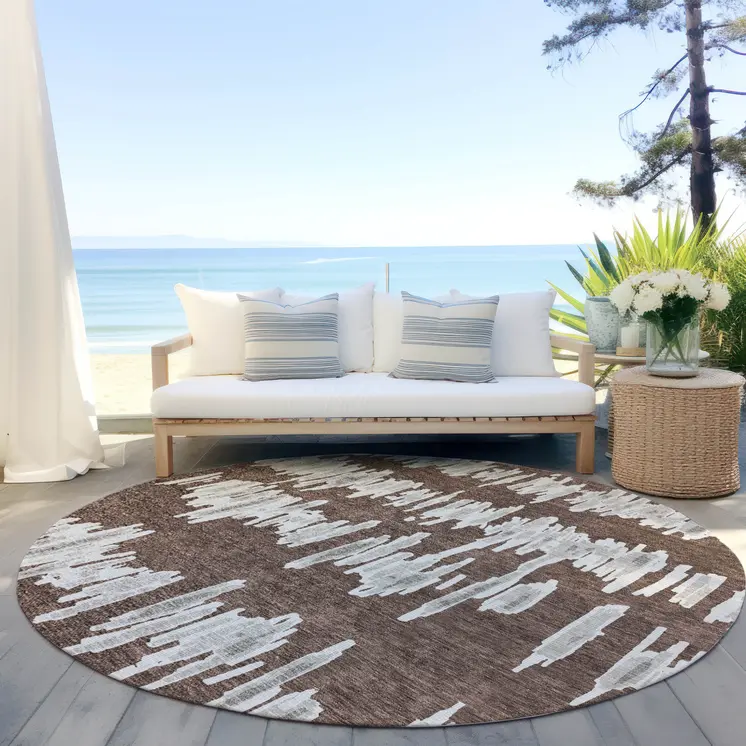 8' Brown Ivory And Gray Round Striped Washable Indoor Outdoor Area Rug