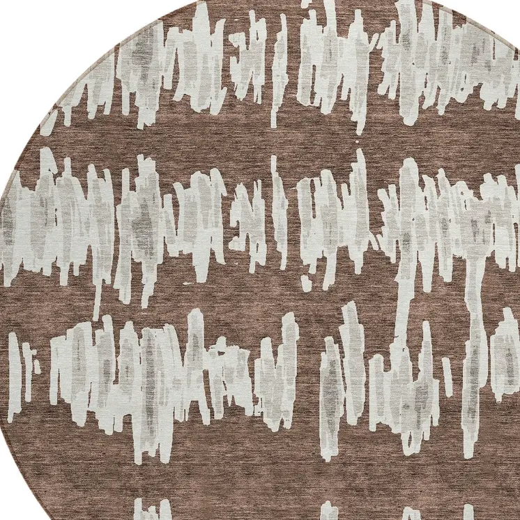 8' Brown Ivory And Gray Round Striped Washable Indoor Outdoor Area Rug