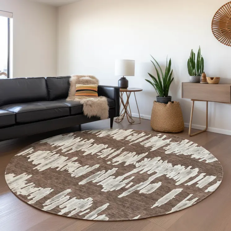 8' Brown Ivory And Gray Round Striped Washable Indoor Outdoor Area Rug