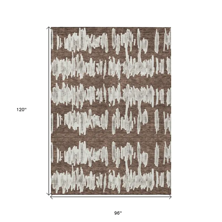 8' X 10' Brown Ivory And Gray Striped Washable Indoor Outdoor Area Rug