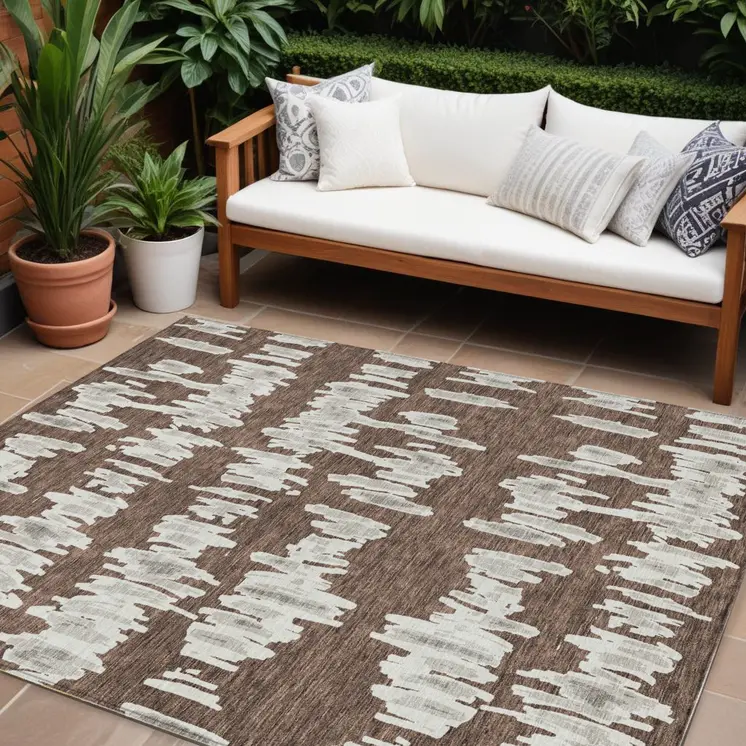 9' X 12' Brown Ivory And Gray Striped Washable Indoor Outdoor Area Rug